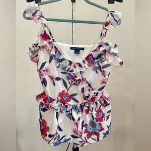 French Connection Aden Bai Lurex Frill Cami Top Summer White Cerise Size 6 NWOT